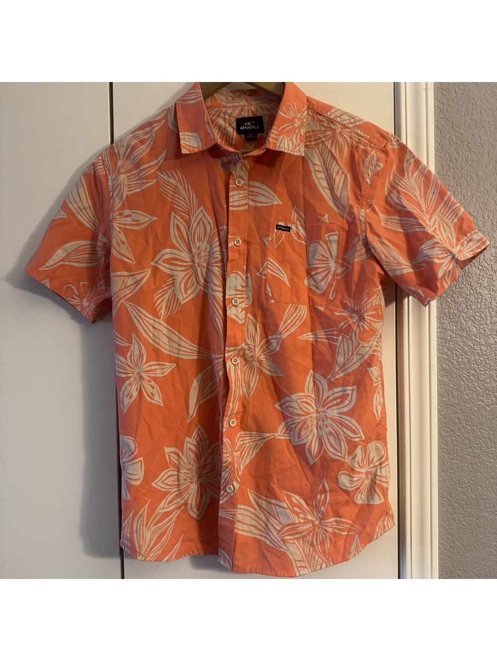 O'Neill Seaside Men's M Orange Tropical Floral Short Sleeve Button Up Shirt
